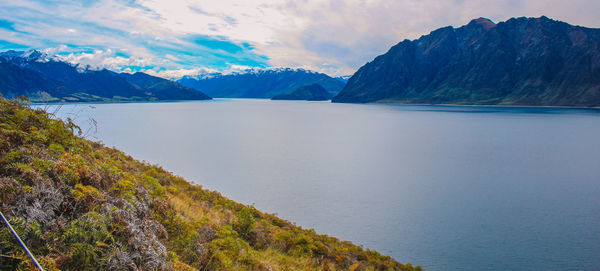 Scenic view of lake and mountains against sky