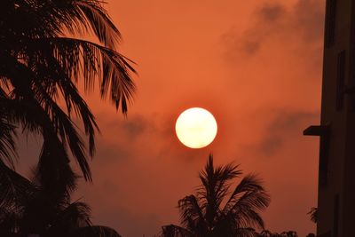 Low angle view of silhouette palm trees against romantic sky