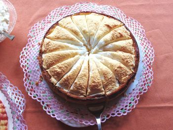 High angle view of cake on table at home