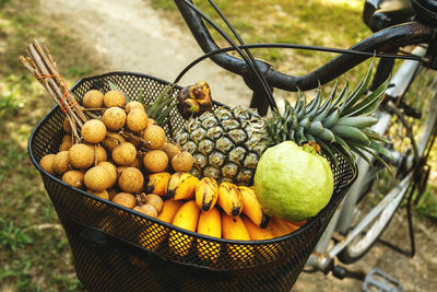 High angle view of fruits for sale at market stall