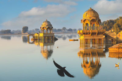 View of gadisar lake peaceful scene in the morning, jaisalmer india 