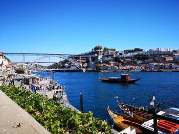 View of bridge over river against blue sky