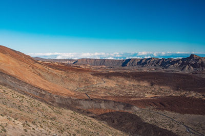 Scenic view of dramatic landscape against blue sky