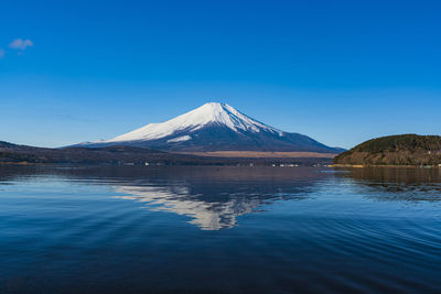 Scenic view of snowcapped mountains against clear blue sky