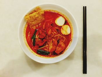 High angle view of soup in bowl on table