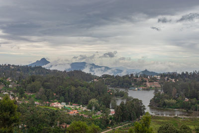 High angle view of plants and mountains against sky