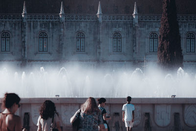 Panoramic shot of people in the city walking