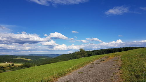 Scenic view of agricultural field against blue sky