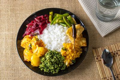 High angle view of breakfast served in plate