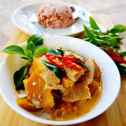 High angle view of food in plate on table