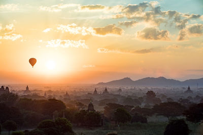 Temple at bagan archaeological zone during sunset