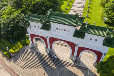 High angle view of people by building