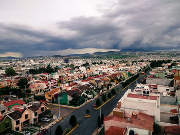 High angle view of town against sky