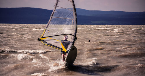 Man windsurfing in sea