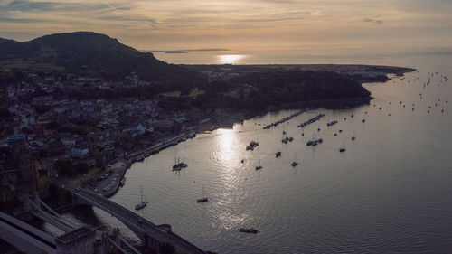 High angle view of sea against sky during sunset