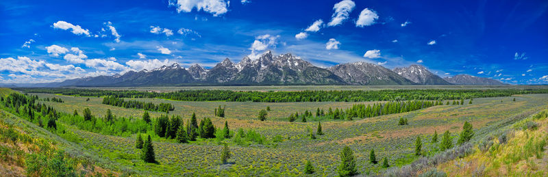 Panoramic view of grand teton mountain range.