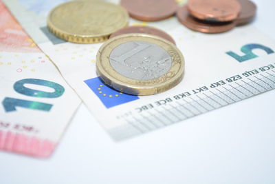 High angle view of coins