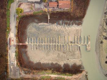 Aerial view of harbor at riverbank