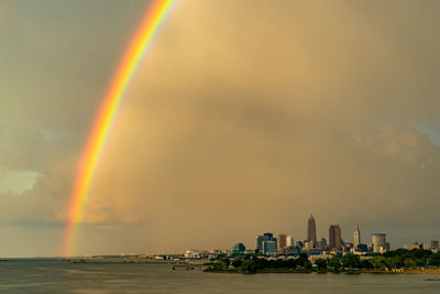 Scenic view of rainbow over sea against buildings