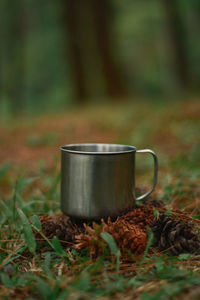 Close-up of beer in glass on field