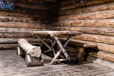 Stack of logs against building