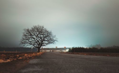 Road amidst bare trees on field against sky