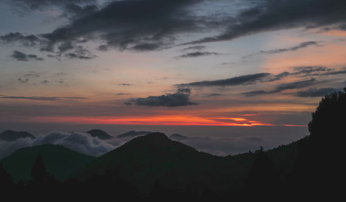 Scenic view of silhouette mountains against sky during sunset