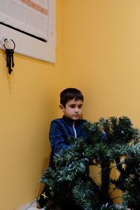 Boy looking at christmas tree