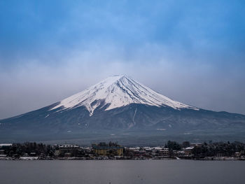 Scenic view of snowcapped mountain against cloudy sky