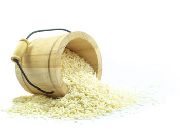 Close-up of bread in bowl against white background