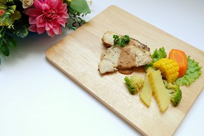 High angle view of meal served on table