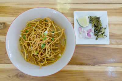 High angle view of food in bowl on table