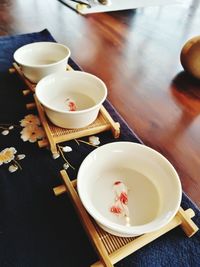 High angle view of tea cup on table