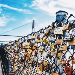 Close-up of padlocks on railing