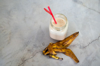 High angle view of drink on table