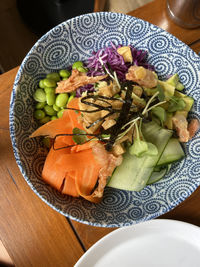 High angle view of salad in plate on table