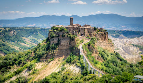 High angle view of castle on mountain