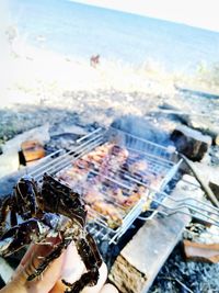 Close-up of hand on barbecue grill