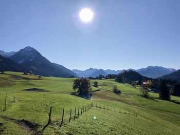 Scenic view of field and mountains against bright sun