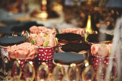 Close-up of ice creams served on table