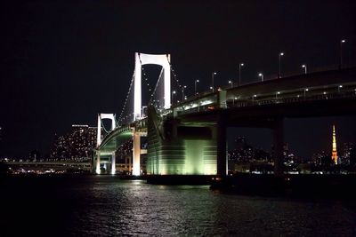 Suspension bridge over river at night