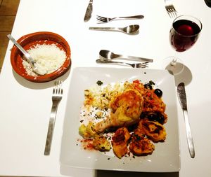 High angle view of food served in plate on table