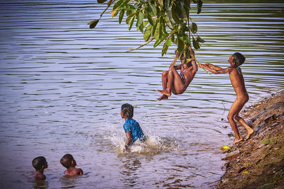 Rear view of children swimming in pool