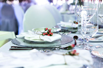 Close-up of place setting on dining table at restaurant