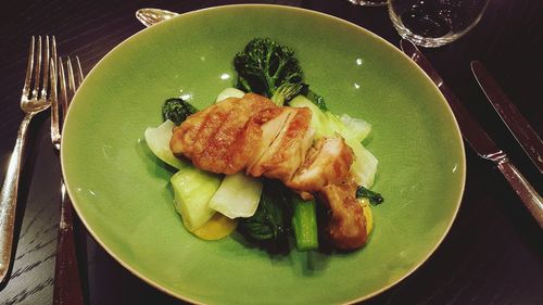 Close-up of food served on table