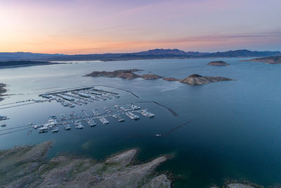 Lake mead in nevada. big boulder and little boulder islands, rock island in background. colorado