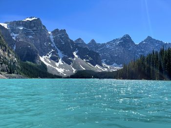 Scenic view of snowcapped mountains against clear blue sky