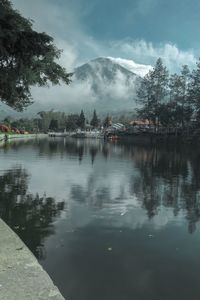 Scenic view of lake by trees against sky