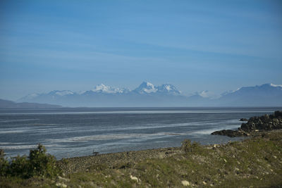 Scenic view of sea and mountains against sky