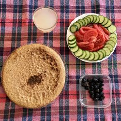 High angle view of breakfast on table